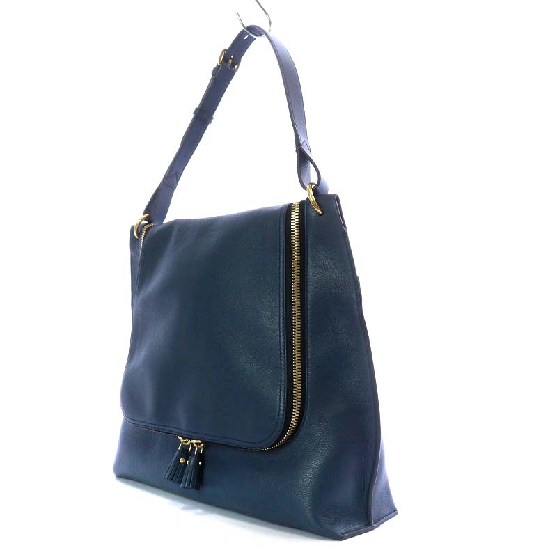 アニヤハインドマーチ ANYA HINDMARCH マキシジップ Maxi Zip ショルダーバッグ ワンショルダー タッセル レザー 紺 ネイビー /YO17 レディース