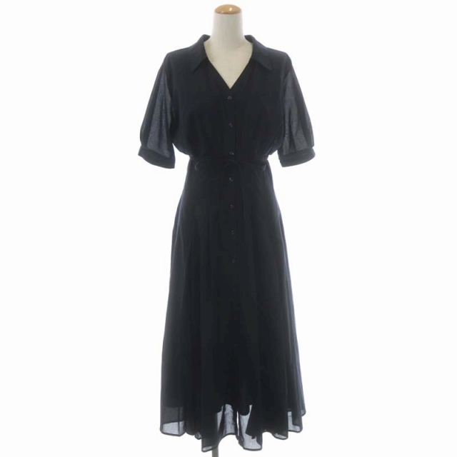 マイストラーダ Mystrada 20AW マチプリーツ抜けシャツワンピース ロング 五分袖 前開き フレア ウエストリボン 38 紺 ネイビー  /ES ■OS レディース