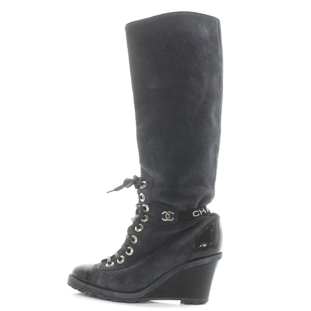 シャネル CHANEL ブーツ ロング ロゴ刺繍 レースアップ 切り替え  