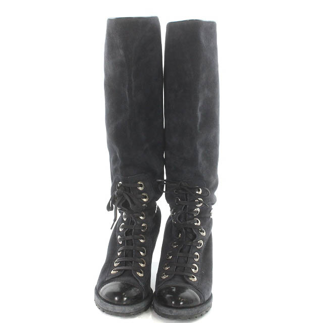 シャネル CHANEL ブーツ ロング ロゴ刺繍 レースアップ 切り替え  