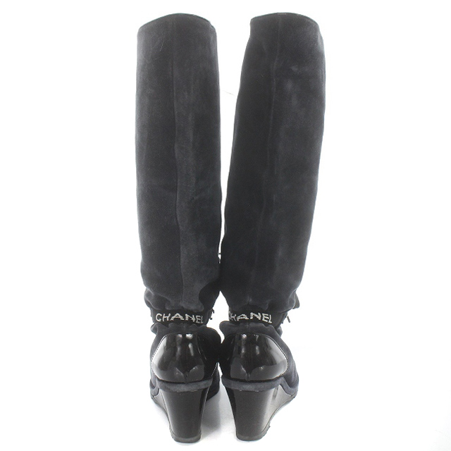 シャネル CHANEL ブーツ ロング ロゴ刺繍 レースアップ 切り替え  