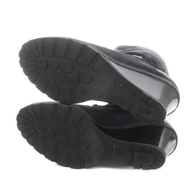 シャネル CHANEL ブーツ ロング ロゴ刺繍 レースアップ 切り替え  