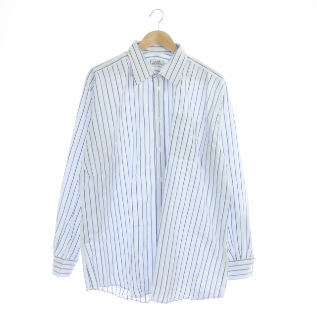 エルメス HERMES シャツ 長袖 ストライプ 胸ポケット 44 17 1/2 白 青 