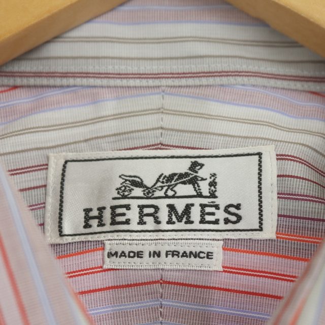 HERMÈS 赤白ストライプ 長袖シャツ エルメス HERMES シャツ 長袖 ストライプ コットン 16 1/2 42 赤