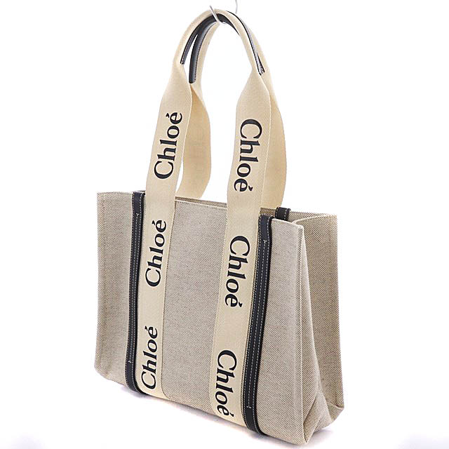 Chloe キャンバス レザー ハンドバッグ ブラック&ベージュ トートバッグ