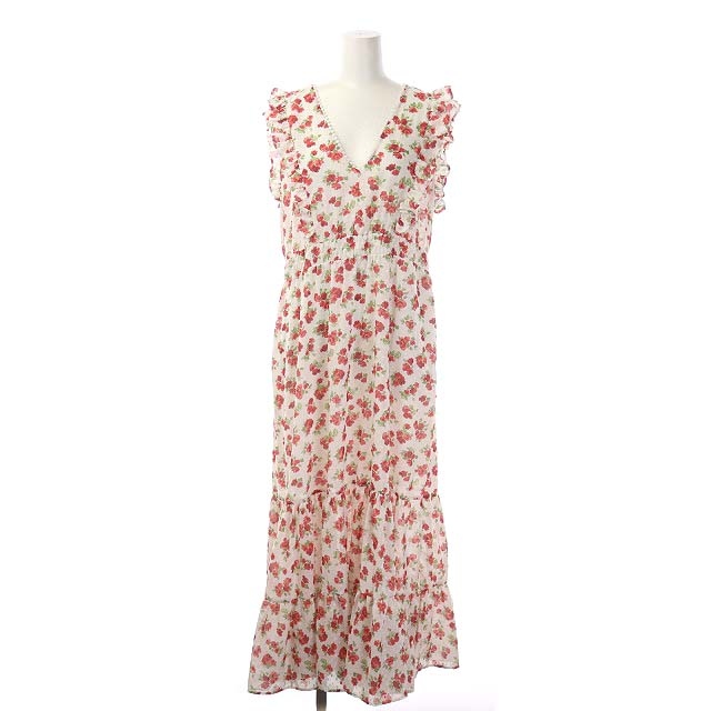 ザラ Zara ローズフリルワンピース ロング フレア ティアード ノースリーブ Vネック シアー L 白 赤 緑 Do Os レディース 170 ベクトルパーク