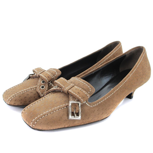 プラダ PRADA パンプス ローヒール スクエアトゥ スエード リボン 36.5 