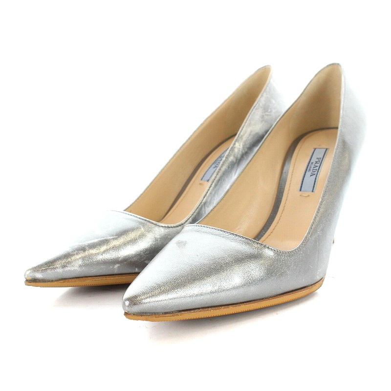 プラダ PRADA パンプス ポインテッドトゥ レザー 37.5 24.5cm シルバー  