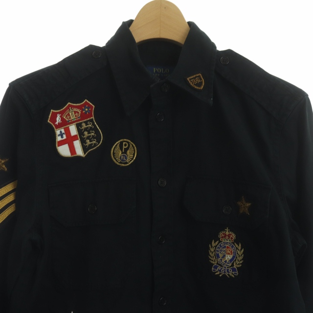 ポロラルフローレン ミリタリー ワッペン 刺繍 長袖 シャツ S ブラック 美品 ポロ ラルフローレン POLO RALPH LAUREN 刺繍 ワッペン