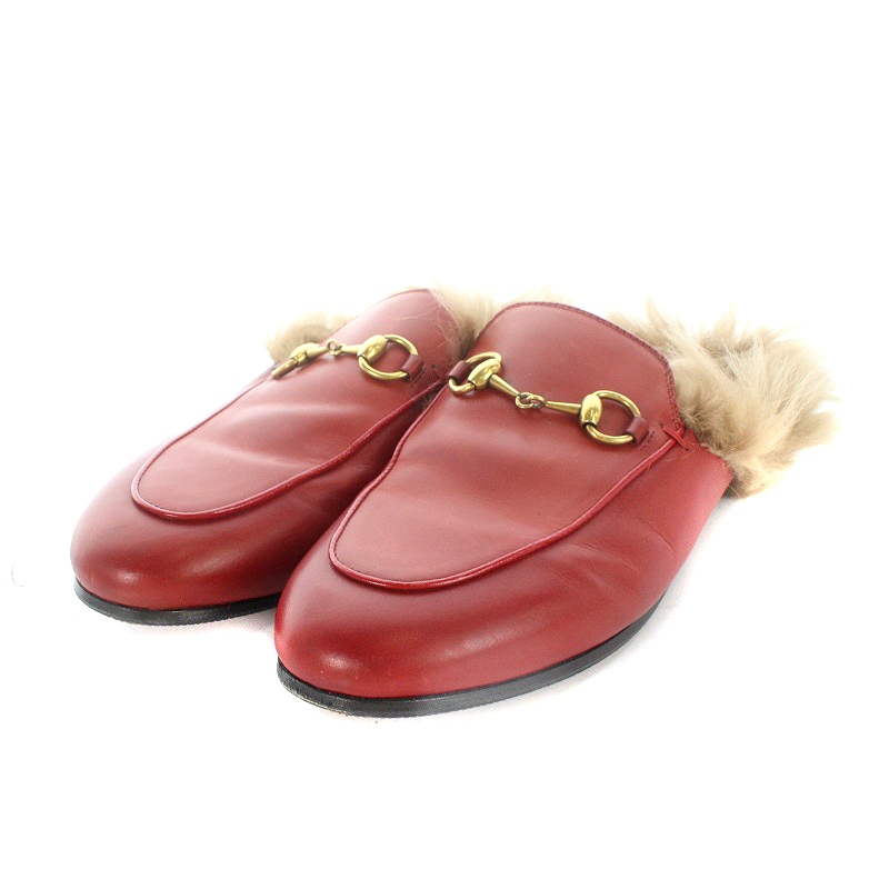 グッチ GUCCI プリンスタウン サンダル ファー レザー 36 23cm 赤 