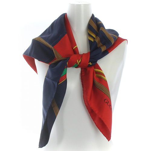グッチ GUCCI スカーフ ベルトデザイン 大判 シルク 絹 紺 ネイビー 赤