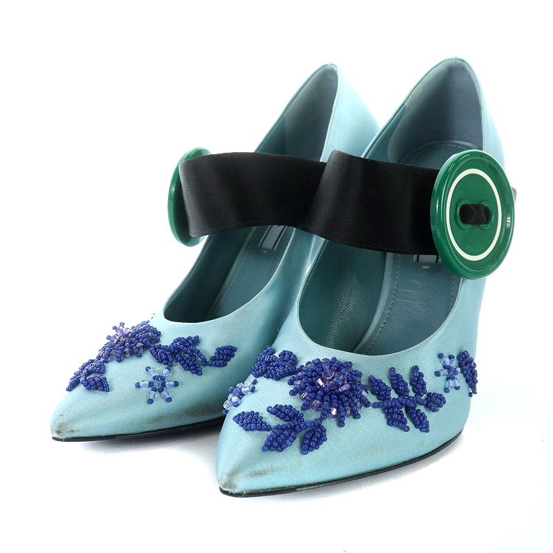 プラダ PRADA パンプス ハイヒール ビーズ装飾 サテン生地 37.5 