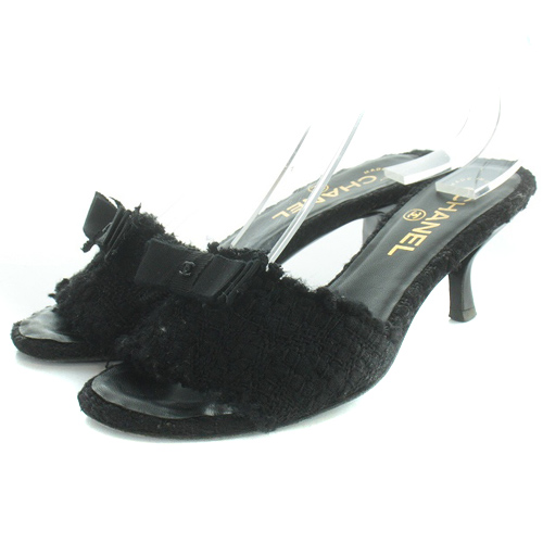 CHANEL シャネル サンダル ミュール リボン ココマーク 22cm 35 シャネル CHANEL ミュール ツイード サンダル リボン ココマーク 35