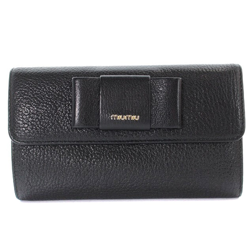 ミュウミュウ miumiu 財布 リボン がま口 レザー ロゴ 黒 ブラック  