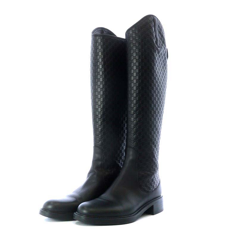 グッチ GUCCI マイクログッチシマ ロングブーツ ローヒール レザー 37 