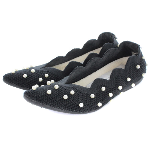 新品タグ付き】Offen パール付きフラットシューズ ニットパンプス 黒  