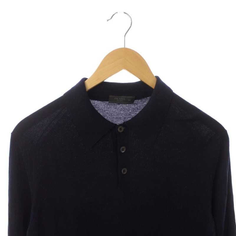 プラダ PRADA ウール 長袖 ニットシャツ ポロシャツ 44 紺 ネイビー