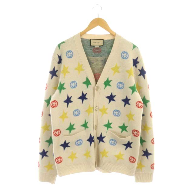 グッチ GUCCI スター柄 カーディガン ニット 長袖 M ベージュ マルチ  