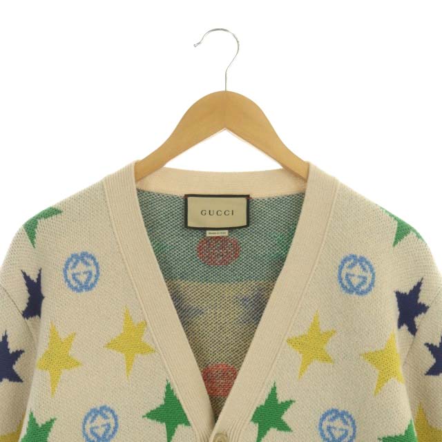 グッチ GUCCI スター柄 カーディガン ニット 長袖 M ベージュ マルチ 