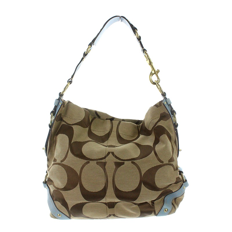 コーチ COACH ショルダーバッグ キャンバス レザー ベージュ 水色 