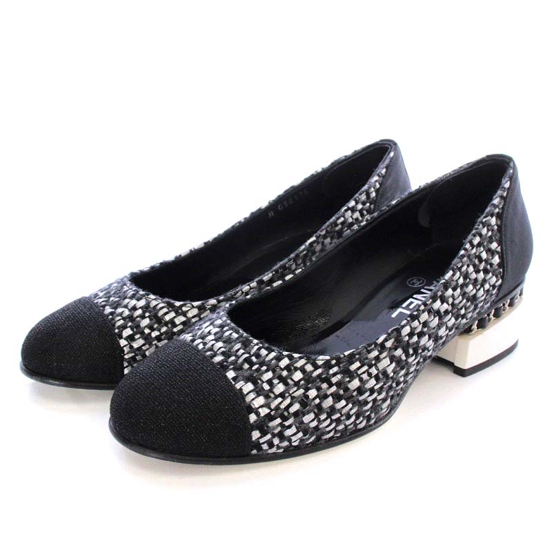 シャネル CHANEL パンプス チャンキーヒール ツイード ココマーク 36.5 