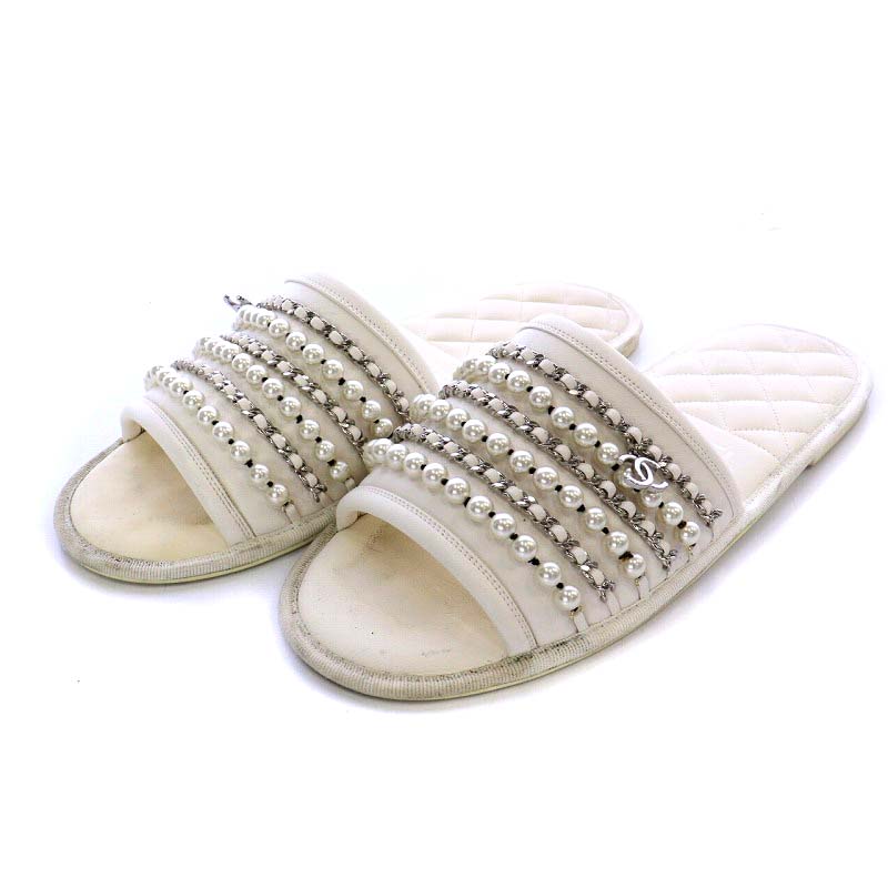 シャネル CHANEL マトラッセ サンダル フラット パールチェーン ココ 