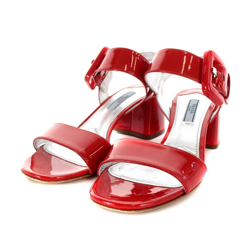 プラダ PRADA サンダル エナメル チャンキーヒール パテントレザー 37 