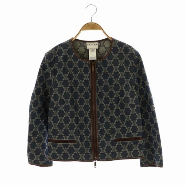 セリーヌ CELINE マカダム柄ノーカラーデニムジャケット 総柄 ジップ 