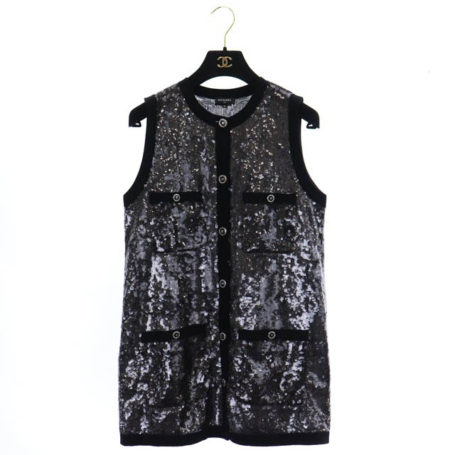 シャネル CHANEL 22SS LOOK10 スパンコール ジレ ココマーク 総柄 36 