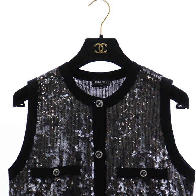 シャネル CHANEL 22SS LOOK10 スパンコール ジレ ココマーク 総柄 36 