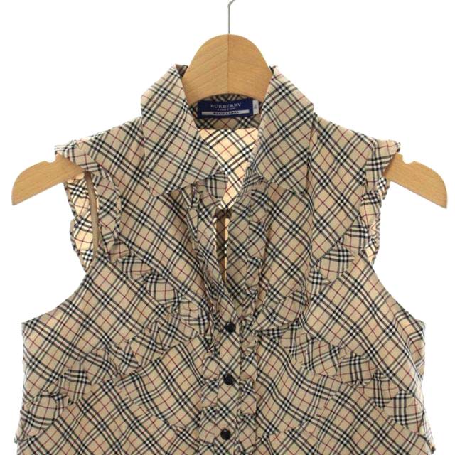 バーバリーブルーレーベル BURBERRY BLUE LABEL ノバチェック ノースリーブ フリル ブラウス シャツ 前開き 36 ベージュ  マルチカラー /HS ■OS レディース