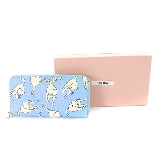 ミュウミュウ miumiu 長財布 猫柄 レザー ロゴ 水色 ブルー /SR9