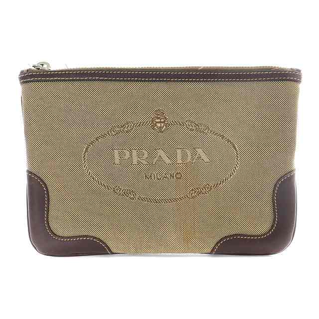 プラダ PRADA ポーチ 小物入れ レザー ロゴ キャンバス ベージュ 茶 