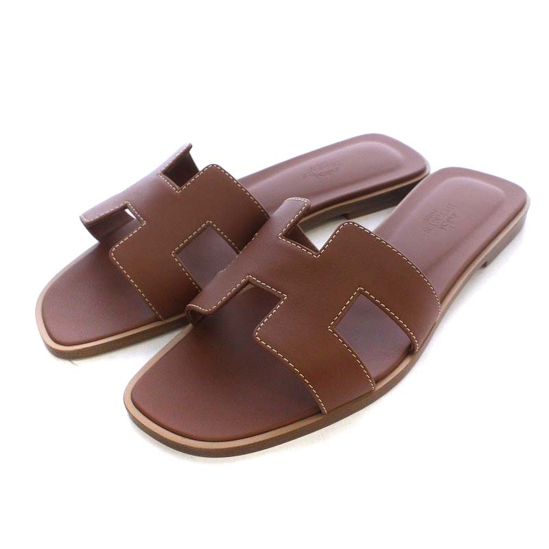 エルメス HERMES オラン サンダル フラット Hロゴ レザー 37 24cm 茶色 