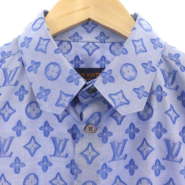 極美品 ルイヴィトン パーフォレーテッドモノグラム 長袖シャツ ブルー 総柄 M LOUIS VUITTON ルイヴィトン 衣類 パーフォレーテッド