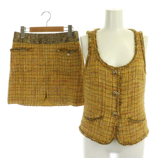 シャネル CHANEL セットアップ 上下 ビジューボタンツイードベスト  