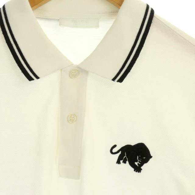 プラダ PRADA 2014 刺繍ポロシャツ 半袖 ライン 鹿の子 M 白 黒 