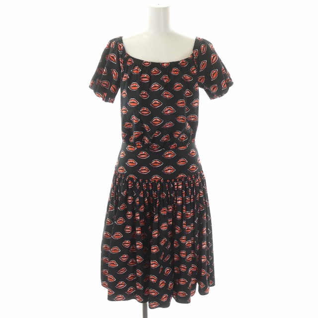 プラダ PRADA リップ柄 ワンピース 膝丈 半袖 オフショルダー ギャザー パフスリーブ 40 黒 ブラック オレンジ / プラダ　オフショルワンピース