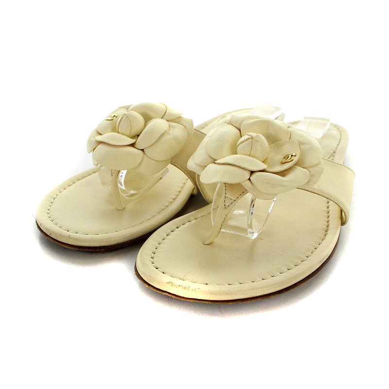 シャネル CHANEL トングサンダル レザー カメリア 37 24cm 白 ホワイト  