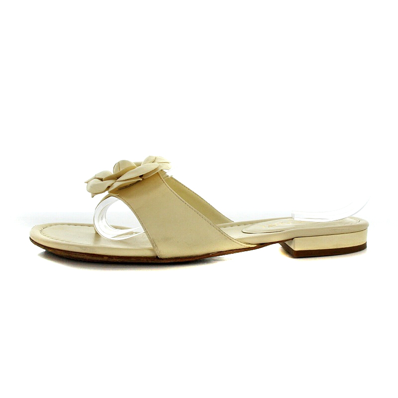 シャネル CHANEL トングサンダル レザー カメリア 37 24cm 白 ホワイト  