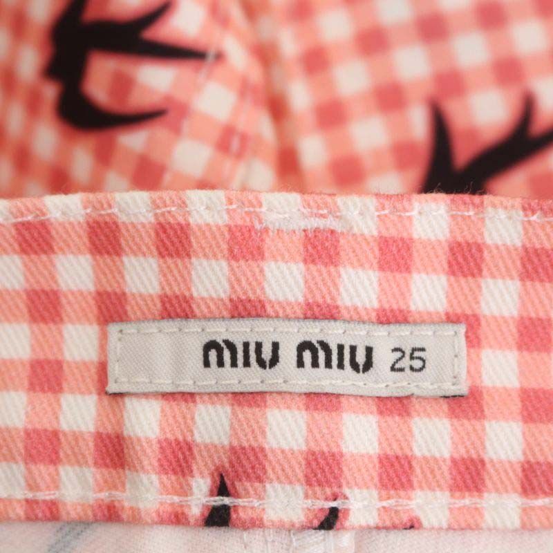 ミュウミュウ miumiu ツバメ柄 ギンガムチェック パンツ メタルロゴ 