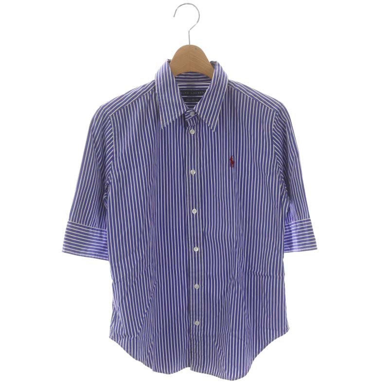 ラルフローレン RALPH LAUREN ストライプ 7分袖シャツ ポニー刺繍 6 青  