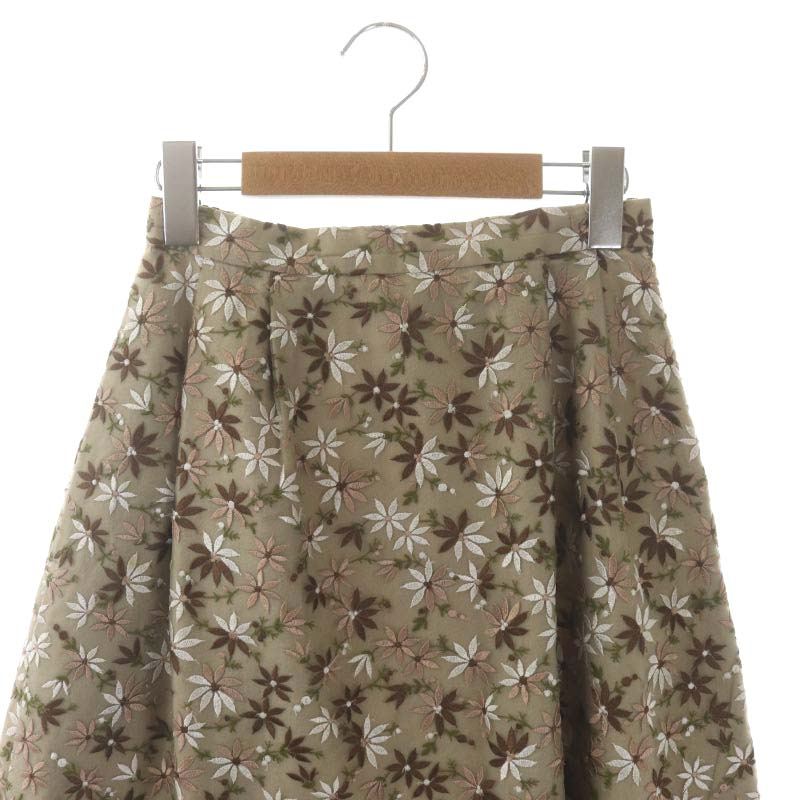 トッカ TOCCA GARDENIA 刺繍スカート 膝丈 フレア 花柄 0 茶 白 緑 