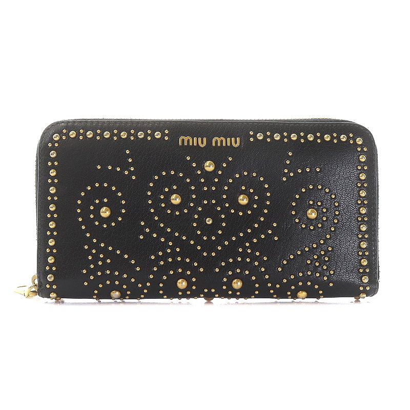 ミュウミュウ miumiu 長財布 ラウンドファスナー レザー スタッズ ロゴ 
