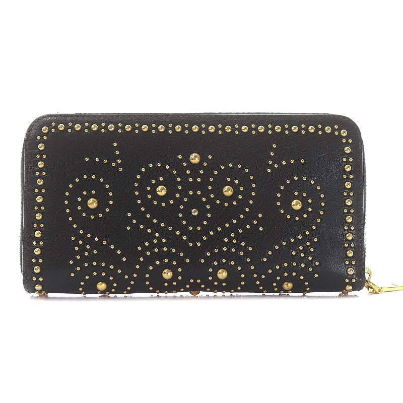 ミュウミュウ miumiu 長財布 ラウンドファスナー レザー スタッズ ロゴ 