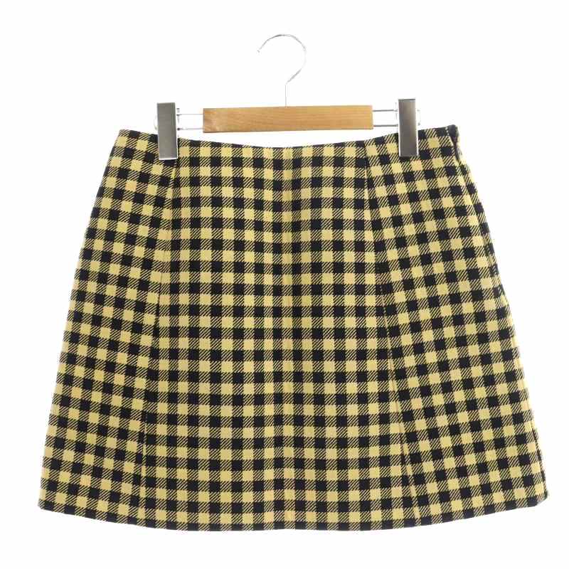 プラダ PRADA チェック スカート ミニ 台形 40 黄色 イエロー 黒  