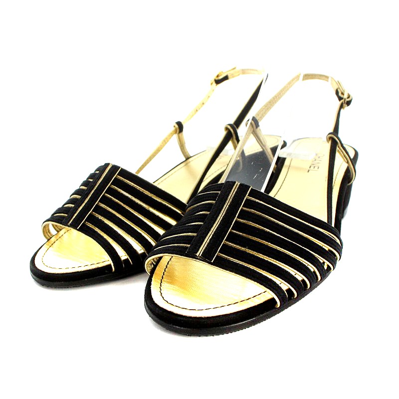 シャネル CHANEL サンダル スエード 36 23cm 黒 ブラック ゴールド色  