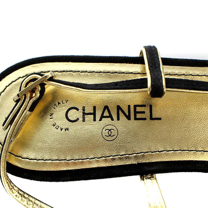 シャネル CHANEL サンダル スエード 36 23cm 黒 ブラック ゴールド色 