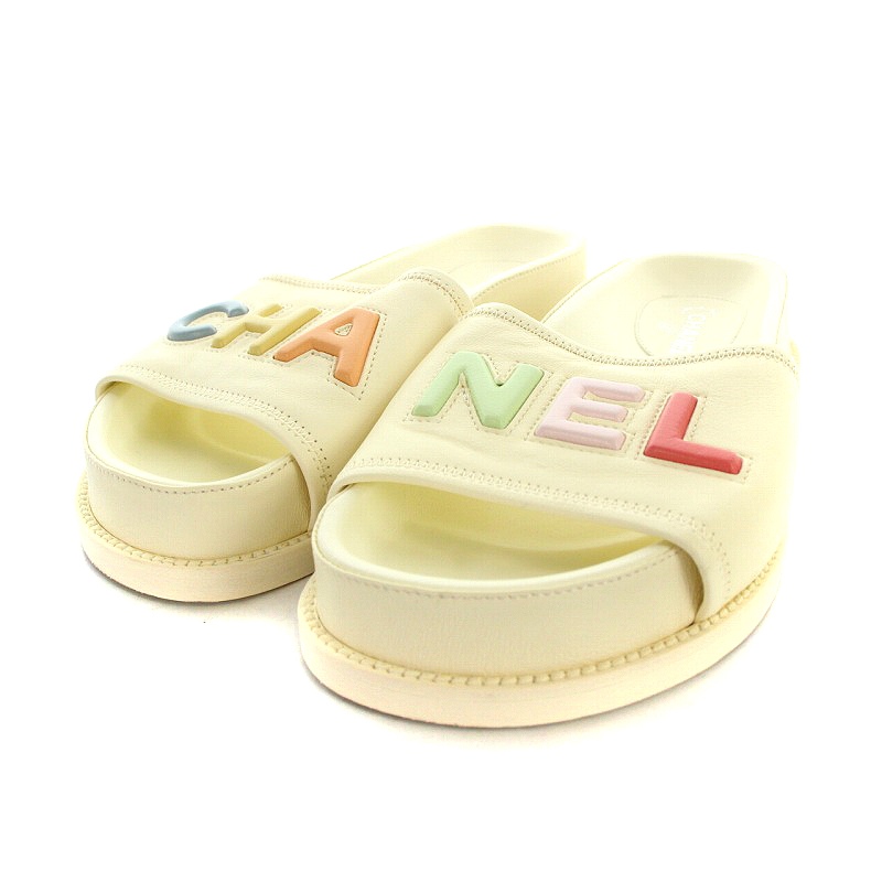 シャネル CHANEL サンダル マルチカラー ロゴ レザー 36 23cm 白  