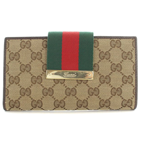 グッチ GUCCI シェリーライン GGキャンバス 二つ折り長財布 ロゴ 茶色  